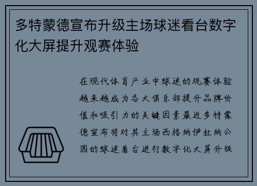 多特蒙德宣布升级主场球迷看台数字化大屏提升观赛体验